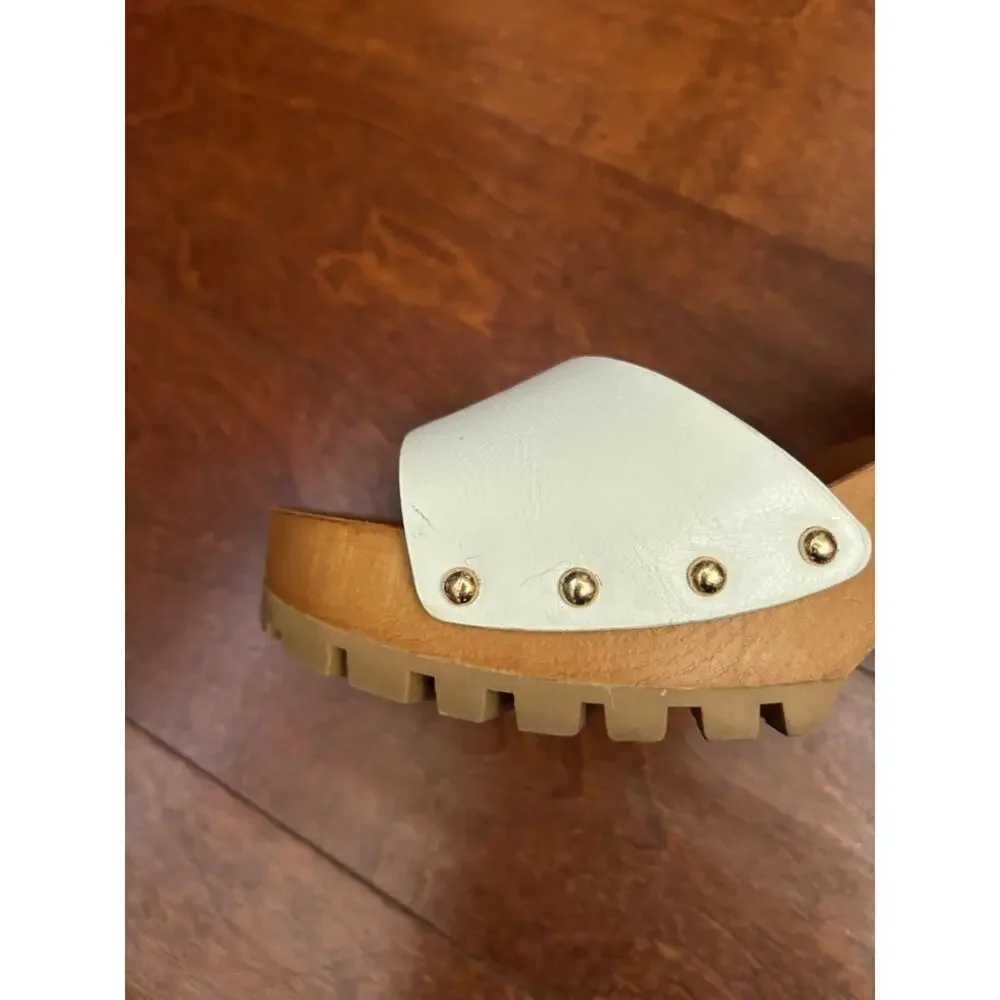 Call It Spring White Vegan Leather Platform Clog Sandals with Studs, Size 8.5